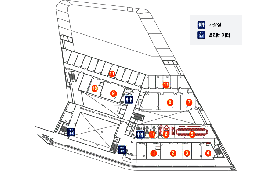 충청남도 의회 청사 2층을 나타내는 이미지입니다. 1번 총무담당관실, 2번 의회사무처장실, 3번 의사담당관실, 4번 의정자료실, 5번 입법정책 담당관실, 6번 기자실(브리핑룸), 7번 행정자치위원회 전문위원실, 8번 행정자치위원회 회의실, 9번 문화복지 위원회 회의실, 10번 문화복지위원회 전문위원실, 11번 문화복지위원회 위원장실, 12번 행정자치위원회 위원장실입니다.